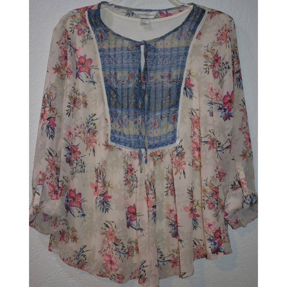Christopher & Banks Floral Roll Tab‎ Sleeve Peasant Blouse Pink Blue Medium